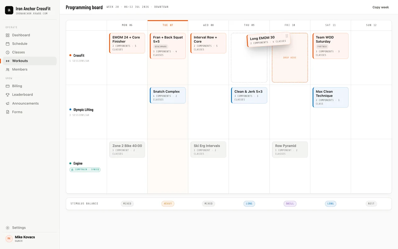 The programming board: a week of workouts as structured components, not a text-box calendar