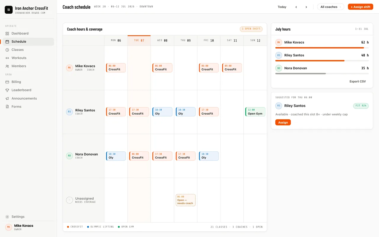 Coach operations: assignment resource view, fit-scored suggestions for open slots, and monthly hours