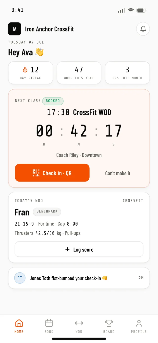 Mission Control: countdown to the next booked class and one-tap check-in