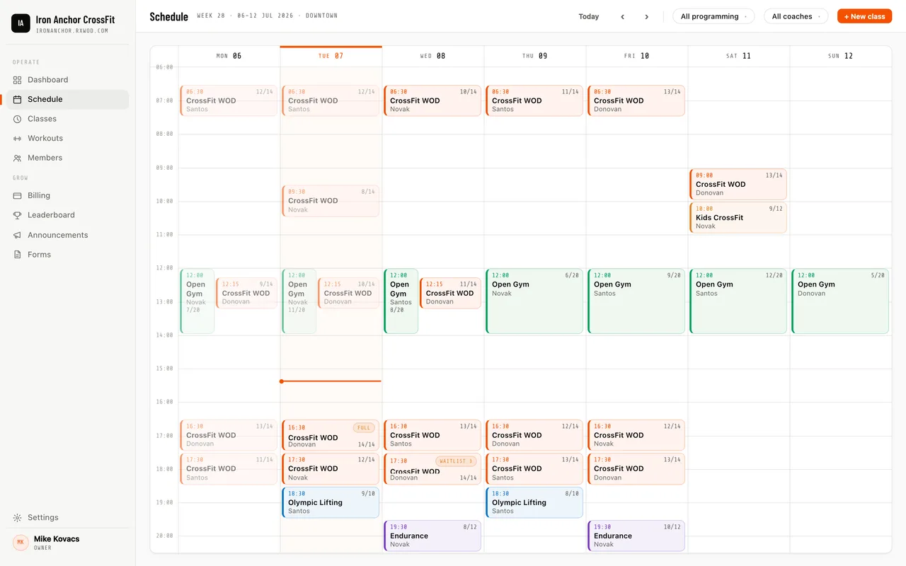 The weekly schedule: recurring templates, capacity, booking windows, and waitlists per instance
