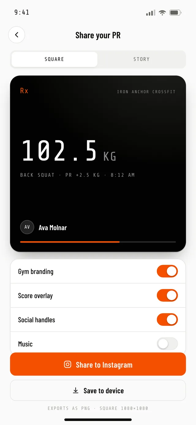 The share composer: square and story crops with gym branding, score overlay, and handles